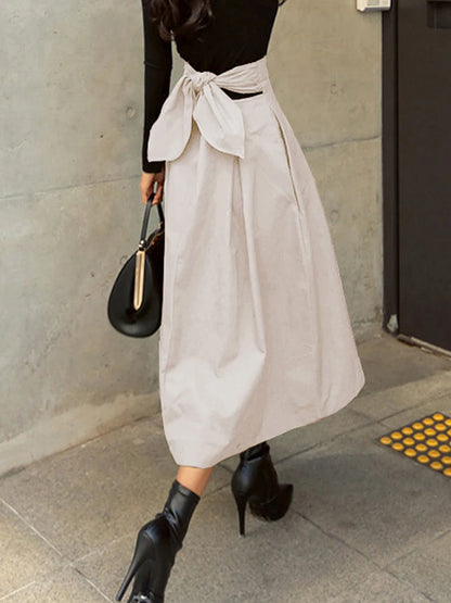 Stylish Solid A-line Skirts for Women Preppy School Style High Elastic Waist Long Skirt With Bow Woman Clothing Women's Skirts
