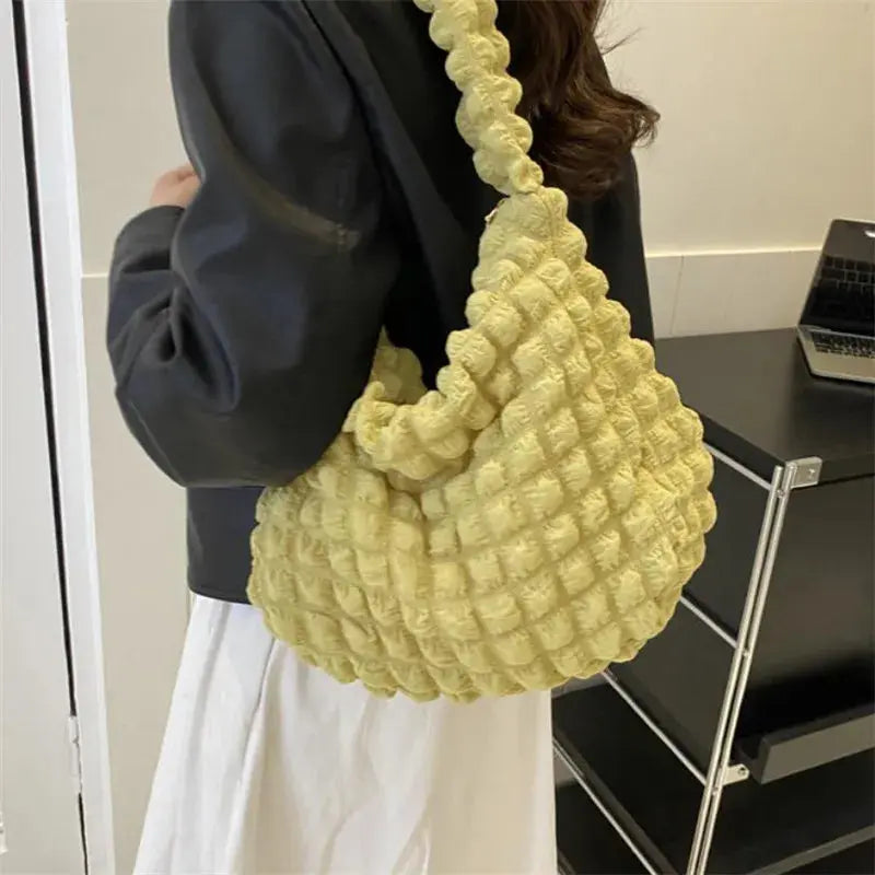 Crossbody Bag With Pleated Design Embroidered Plaid Shoulder Bag Underarm Bags Simple Large Capacity Quilted Tote Bags For Women