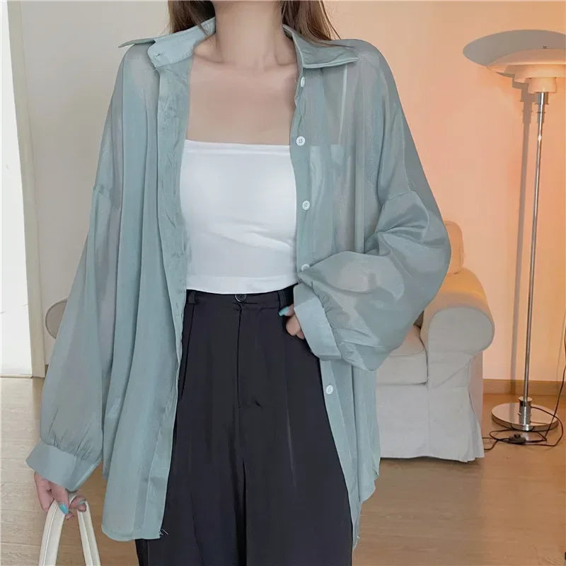 Oversized Shirt for Women Black White Thin Chiffon Collared Long Sleeve Button-Up Shirt Blouse Female Teen-girl Beach Cover Up