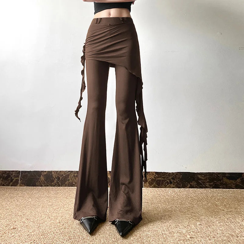 Casual Slim Folds Tie Flower Ruffles Flare Pants Casual Sexy Solid Mid-Waisted Wide Leg Pants Women 2024 Summer Fashion