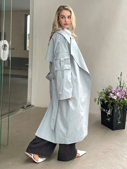 2024 Spring Fall New Korea style Women's Oversized Cotton Long Trench Coat With Belt  Casual Female Windbreaker