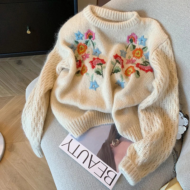 Harajuku Knitted Cashmere Top Women Classical Embroidery Floral Pullovers Sleeve Autumn Winter Sweater Korean Oversized Tops Y2K