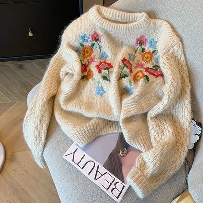 Harajuku Knitted Cashmere Top Women Classical Embroidery Floral Pullovers Sleeve Autumn Winter Sweater Korean Oversized Tops Y2K