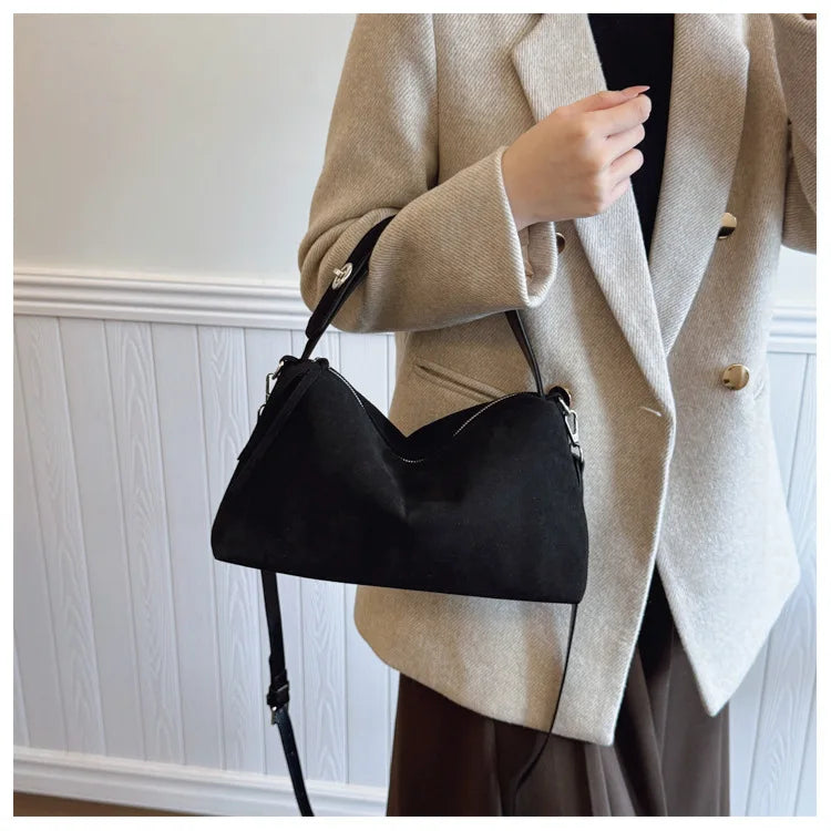 New Fashion Simple Fall Winter Spacious Boston Tote Bag Soft Matte Suede Design Women's Large Capacity Portable Hand Strap Bag