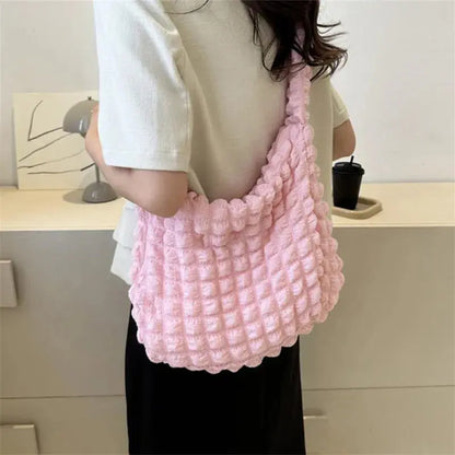 Crossbody Bag With Pleated Design Embroidered Plaid Shoulder Bag Underarm Bags Simple Large Capacity Quilted Tote Bags For Women