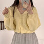 Short Knitted Cardigan Sweet Korean V Neck Lantern Sleeve Sweaters for Women Fall Wild Simple Cropped Pink  Coat