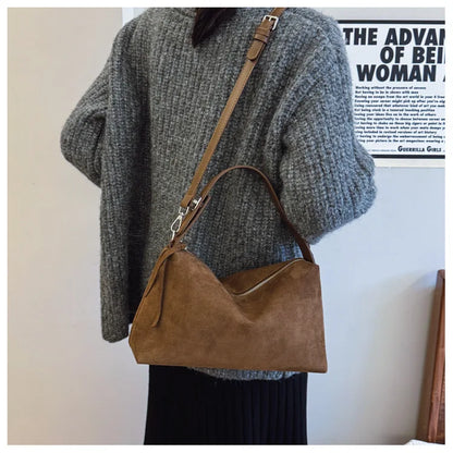 New Fashion Simple Fall Winter Spacious Boston Tote Bag Soft Matte Suede Design Women's Large Capacity Portable Hand Strap Bag