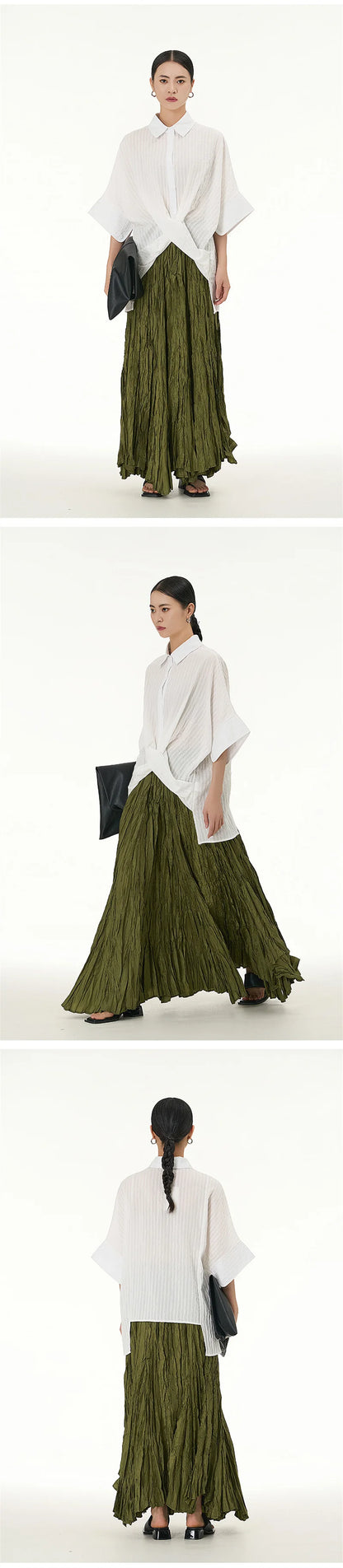 Elegant Drape Crumpled Skirts Women Summer Elastic Waist Big-Hem Long Skirts Large Size Loose Umbrella Skirts Female Streetwear