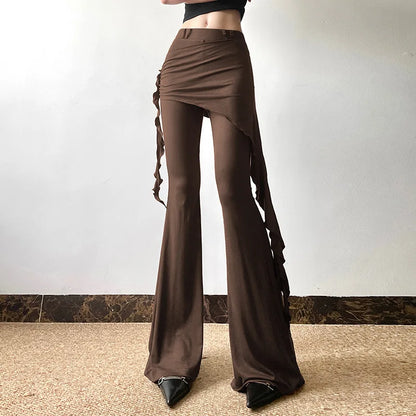 Casual Slim Folds Tie Flower Ruffles Flare Pants Casual Sexy Solid Mid-Waisted Wide Leg Pants Women 2024 Summer Fashion