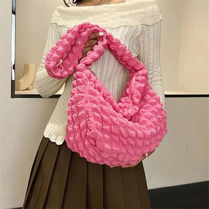 Crossbody Bag With Pleated Design Embroidered Plaid Shoulder Bag Underarm Bags Simple Large Capacity Quilted Tote Bags For Women