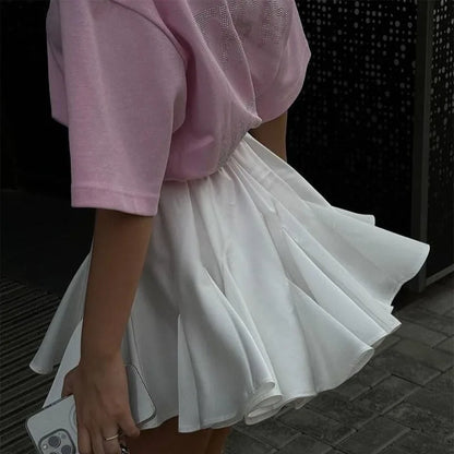 Talenza Women's White Mini Skirt A Line High Waist Sexy Cute Ruffle Retro Tennis Skirt Black Elastic Waist Short Skirt Summer