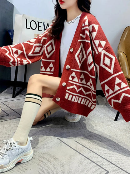 New Fashion Geometry Printing Knitted Caridgan Coat Autumn Winter Casual Loose Women Sweaters Office Lady Knitted Clothes
