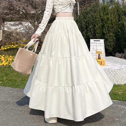 Korean Style Elastic High Waist White Skirt for Women Summer Loose Pleated Long Skirts Woman 2025 Vacation A Line Umbrella Skirt