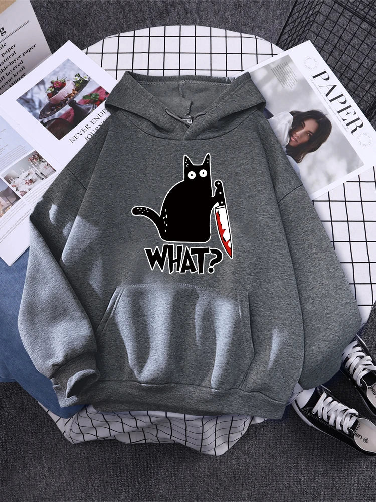 Hoody Little Black Cat And Knife Sweatshirt With Hooded Woman Oversized Aesthetic Hoodie Womens Winter Female Cats Hoodies