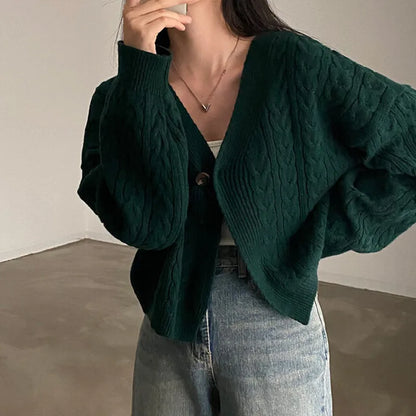 Fall Autumn and Winter New Women's Clothing Retro V-neck Twist Design Long-sleeved Short Knitted Cardigan Sweater Jacket