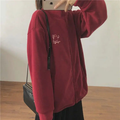 Autumn Winter Fleece Zipper Sweatshirt Jacket Women Clothing Embroidery Coats Warm Long Sleeve Cardigan Sport Outdoor Sweatshirt