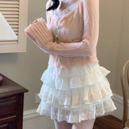 Japanese Cute Women Skirt High Waist White Jupe Patchwork Lace Sweet Saia 2025 Fashion Summer Mini Skirts