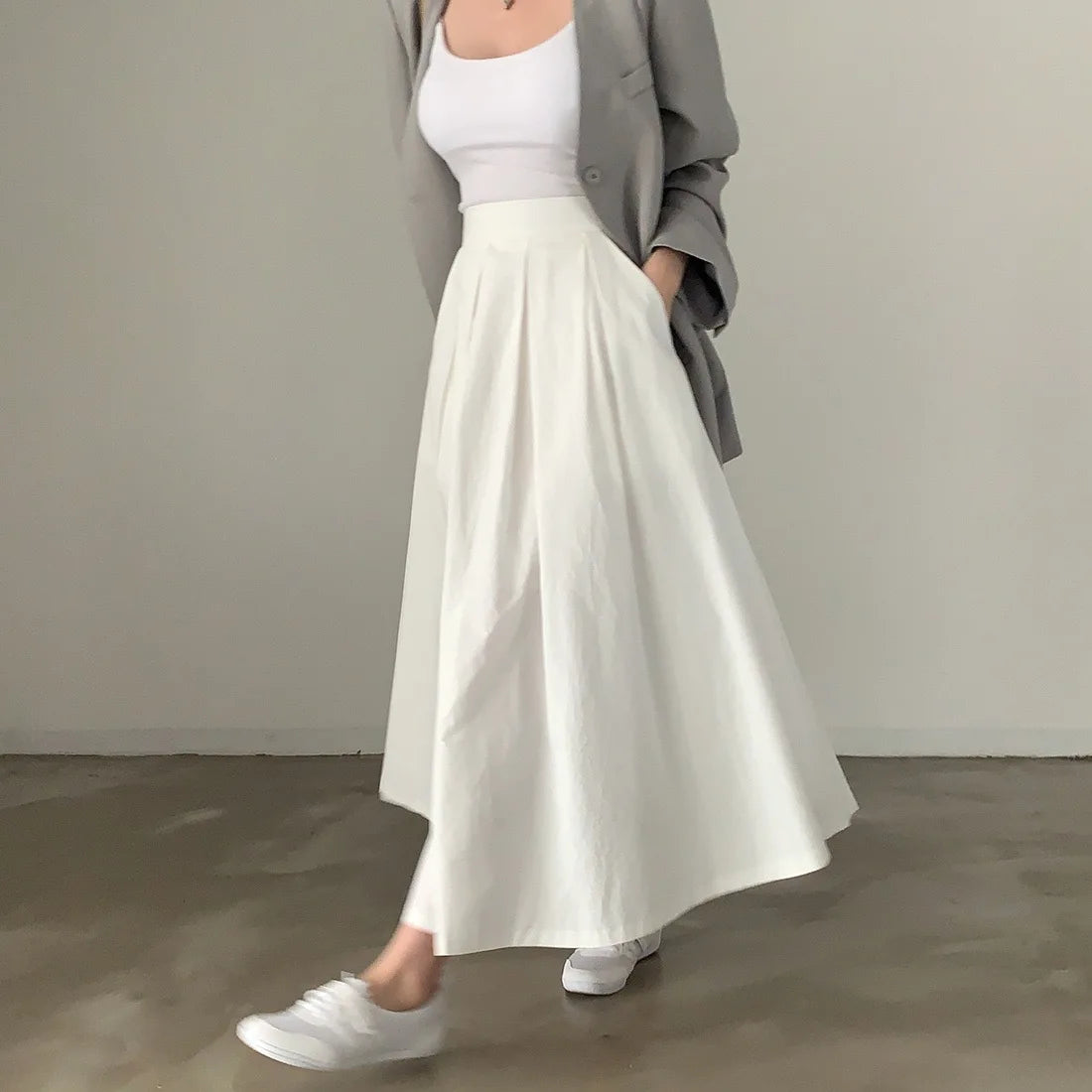 2024 Women Elegant White Long Skirts High Waist A-Line Cotton Maxi Skirts Women Casual Skirts