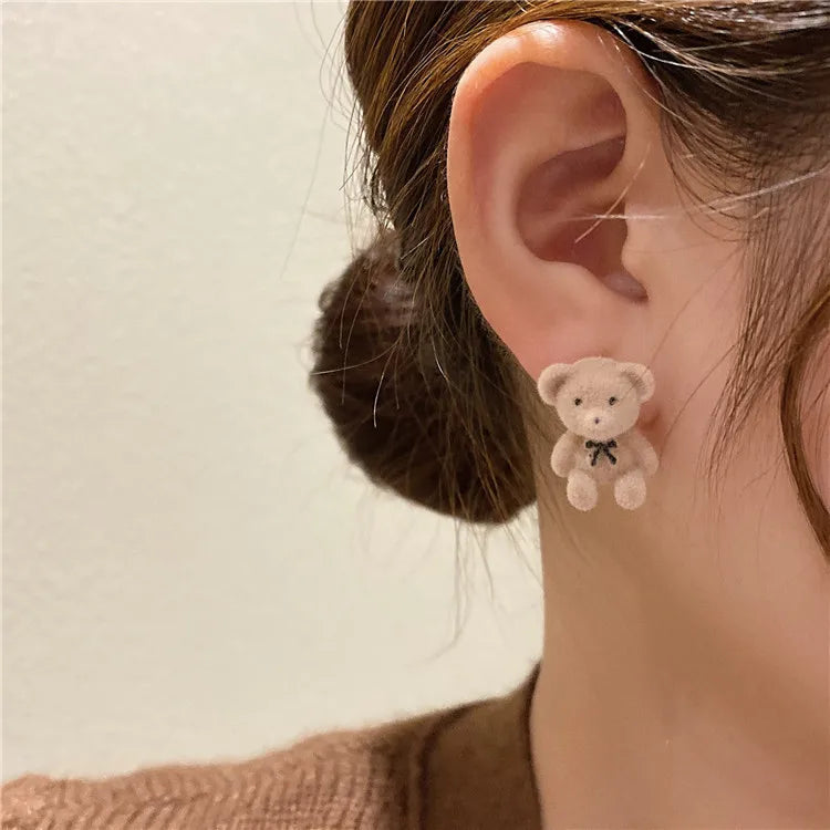 Flocking Velvet Rabbit Bear Stud Earrings for Women Fall Fashion Kawaii Animal Earrings Girls Korean Kids Jewelry Brincos Gifts