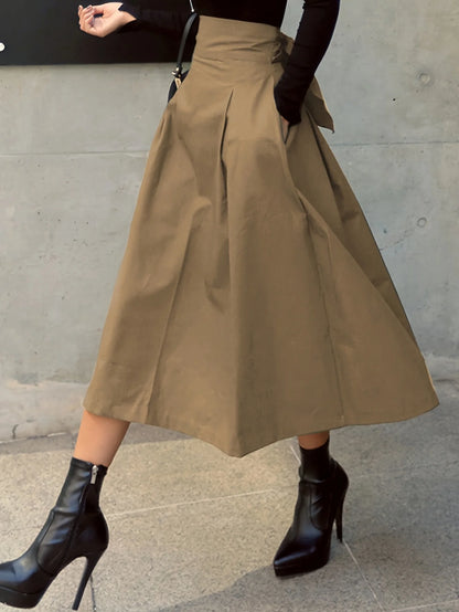 Stylish Solid A-line Skirts for Women Preppy School Style High Elastic Waist Long Skirt With Bow Woman Clothing Women's Skirts
