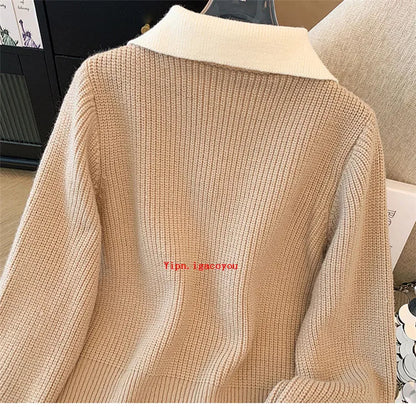 2025 Autumn Winter New Splicing Fake Two Pieces Knitted Cardigan Sweater Women Jacket Fashion Knitwear Loose Ladies Tops B693