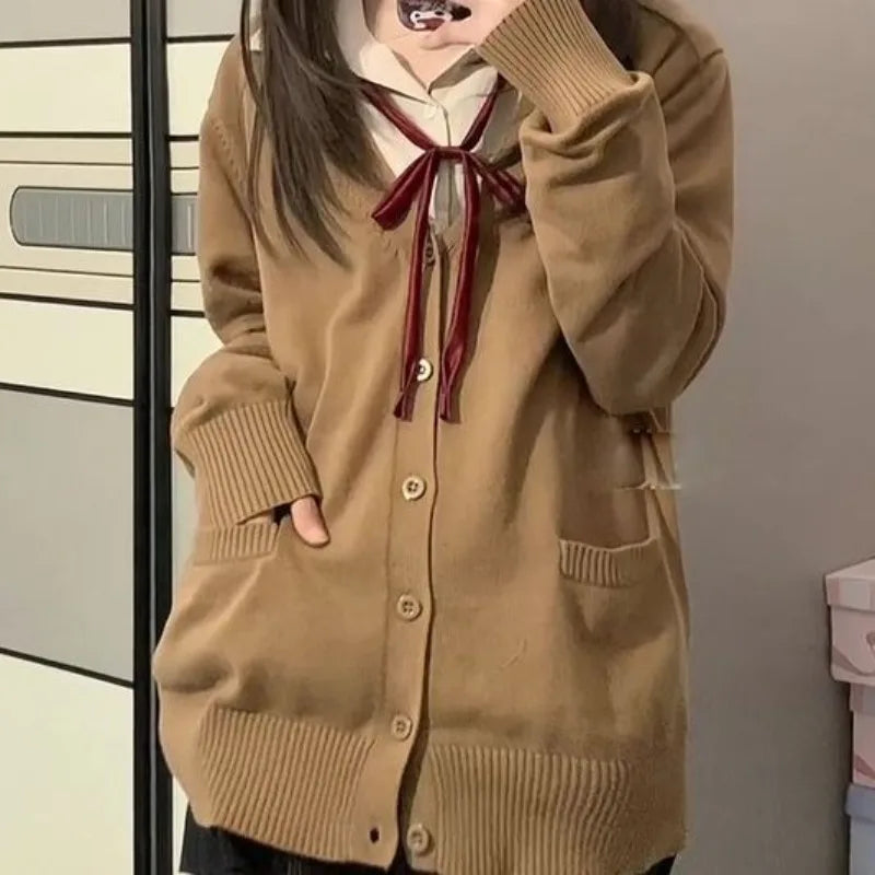 Cardigans Women Button-up Japan Style Students Long Sleeve Knitted Sweaters Loose All-match Autumn Winter Solid Color Pockets