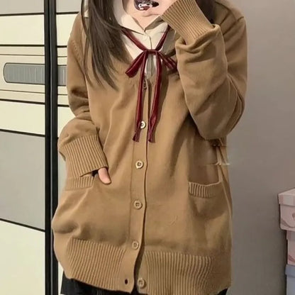 Cardigans Women Button-up Japan Style Students Long Sleeve Knitted Sweaters Loose All-match Autumn Winter Solid Color Pockets