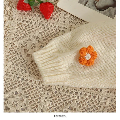 Autumn Colourful Applique Flower Cardigan for Women Cute Long  V-neck Knit Crop Sweater Girl Soft Knitwear