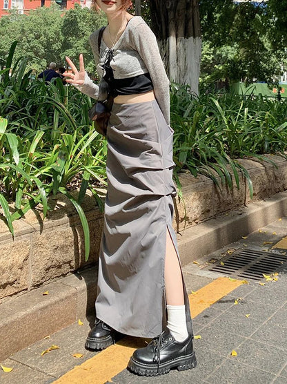 High Waist Pleated Skirt for Women Korean Fashion Streetwear Sexy Slit Midi Skirt Y2K Loose Hip Hop All-Match Female Cargo Skirt