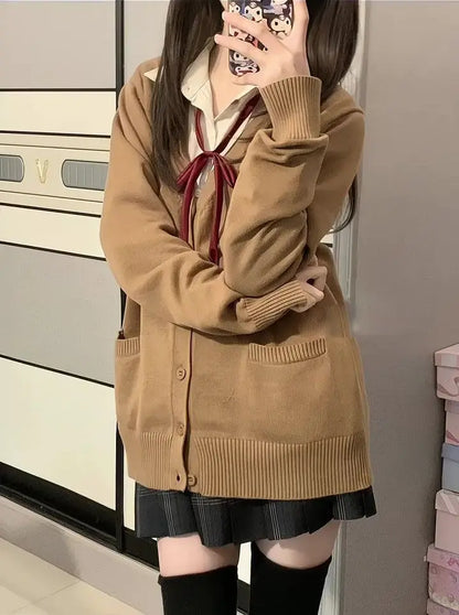 Cardigans Women Button-up Japan Style Students Long Sleeve Knitted Sweaters Loose All-match Autumn Winter Solid Color Pockets