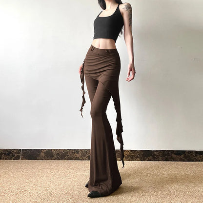 Casual Slim Folds Tie Flower Ruffles Flare Pants Casual Sexy Solid Mid-Waisted Wide Leg Pants Women 2024 Summer Fashion