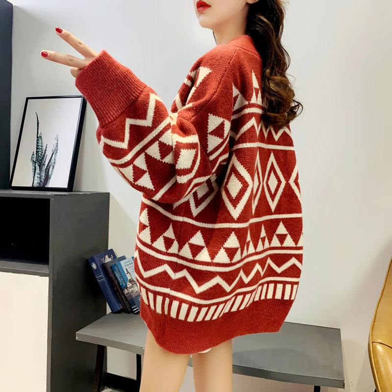New Fashion Geometry Printing Knitted Caridgan Coat Autumn Winter Casual Loose Women Sweaters Office Lady Knitted Clothes