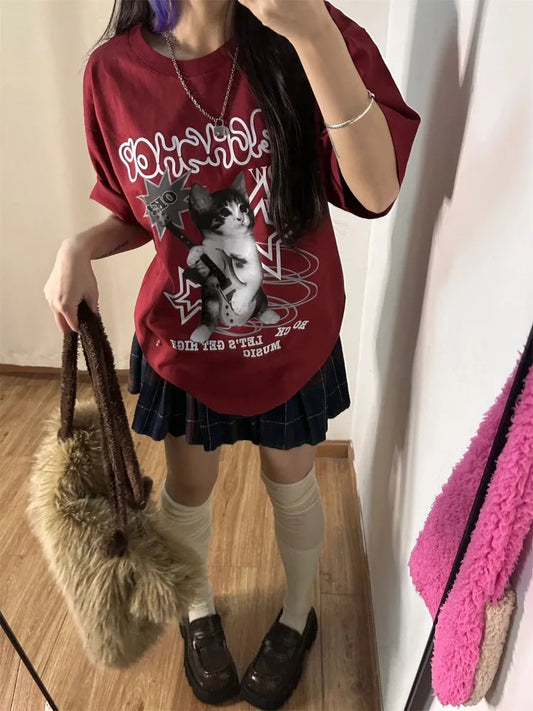 Kawaii Cat Printed Red T-shirts Women Harajuku Oversized Punk Style Tops Cute Graphic Short Sleeve Tees Cotton Casual