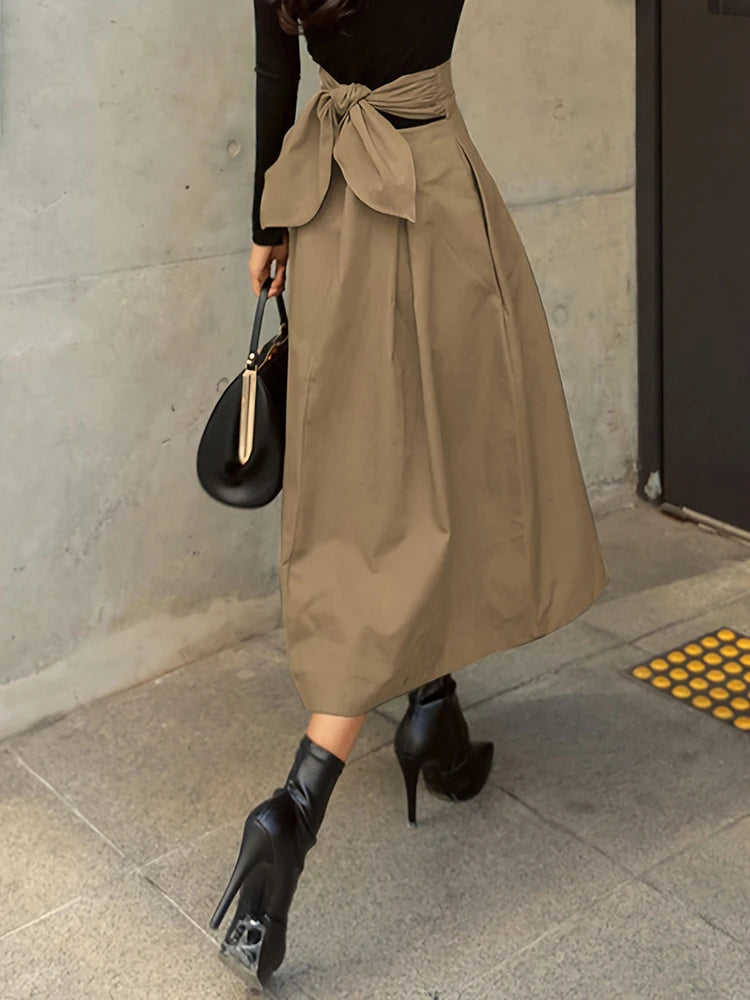Stylish Solid A-line Skirts for Women Preppy School Style High Elastic Waist Long Skirt With Bow Woman Clothing Women's Skirts