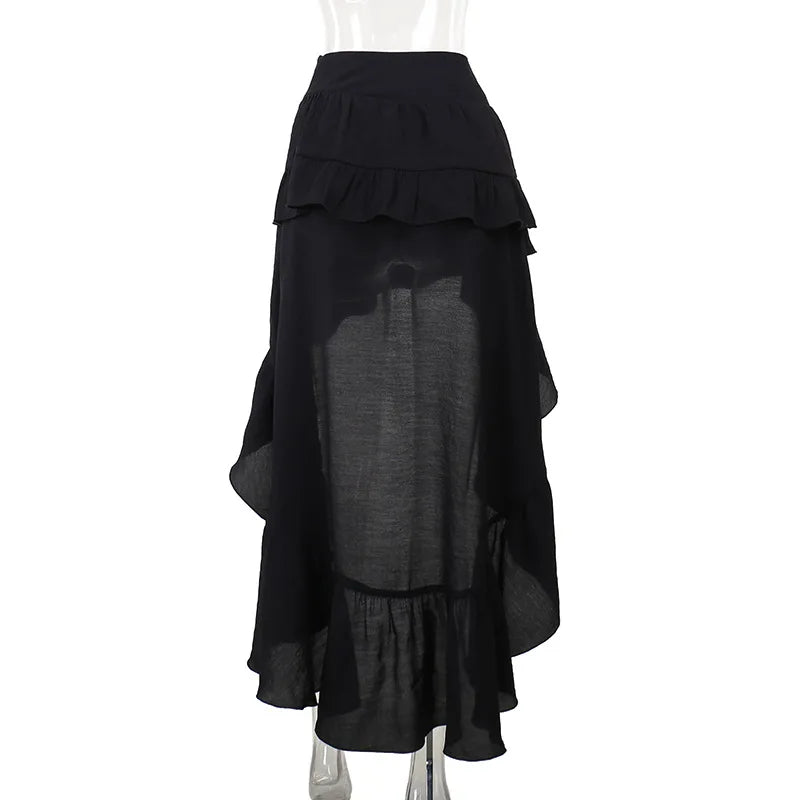 Cocktail Irregular Black Y2K Long Skirts for Women Vintage Elegant Fungus A-Line Midi Skirt New Fashion Summer Skirt Streetwear