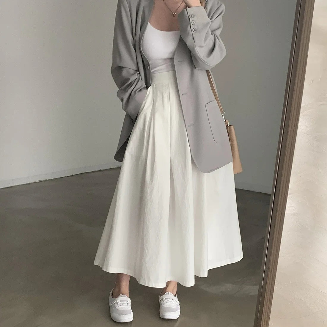 2024 Women Elegant White Long Skirts High Waist A-Line Cotton Maxi Skirts Women Casual Skirts