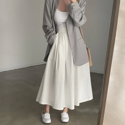 2024 Women Elegant White Long Skirts High Waist A-Line Cotton Maxi Skirts Women Casual Skirts
