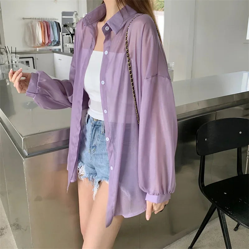 Oversized Shirt for Women Black White Thin Chiffon Collared Long Sleeve Button-Up Shirt Blouse Female Teen-girl Beach Cover Up