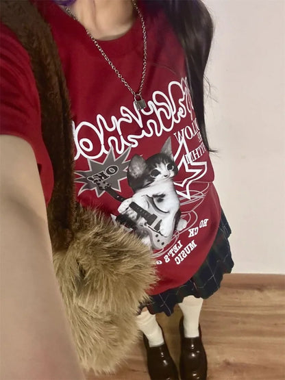 Kawaii Cat Printed Red T-shirts Women Harajuku Oversized Punk Style Tops Cute Graphic Short Sleeve Tees Cotton Casual