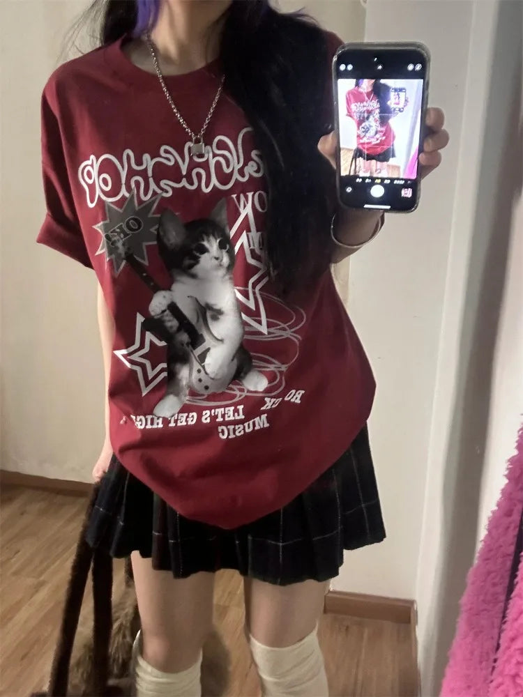 Kawaii Cat Printed Red T-shirts Women Harajuku Oversized Punk Style Tops Cute Graphic Short Sleeve Tees Cotton Casual