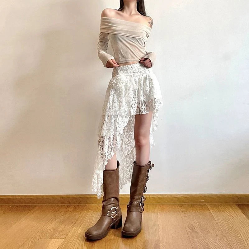 Zoki Sexy Bohemian Sweet Lace Skirt Women Elegant Irregular High Waist Skirt Vintage Korean Lady Casual Cute White A Line Skirts