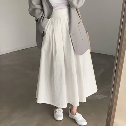 2024 Women Elegant White Long Skirts High Waist A-Line Cotton Maxi Skirts Women Casual Skirts