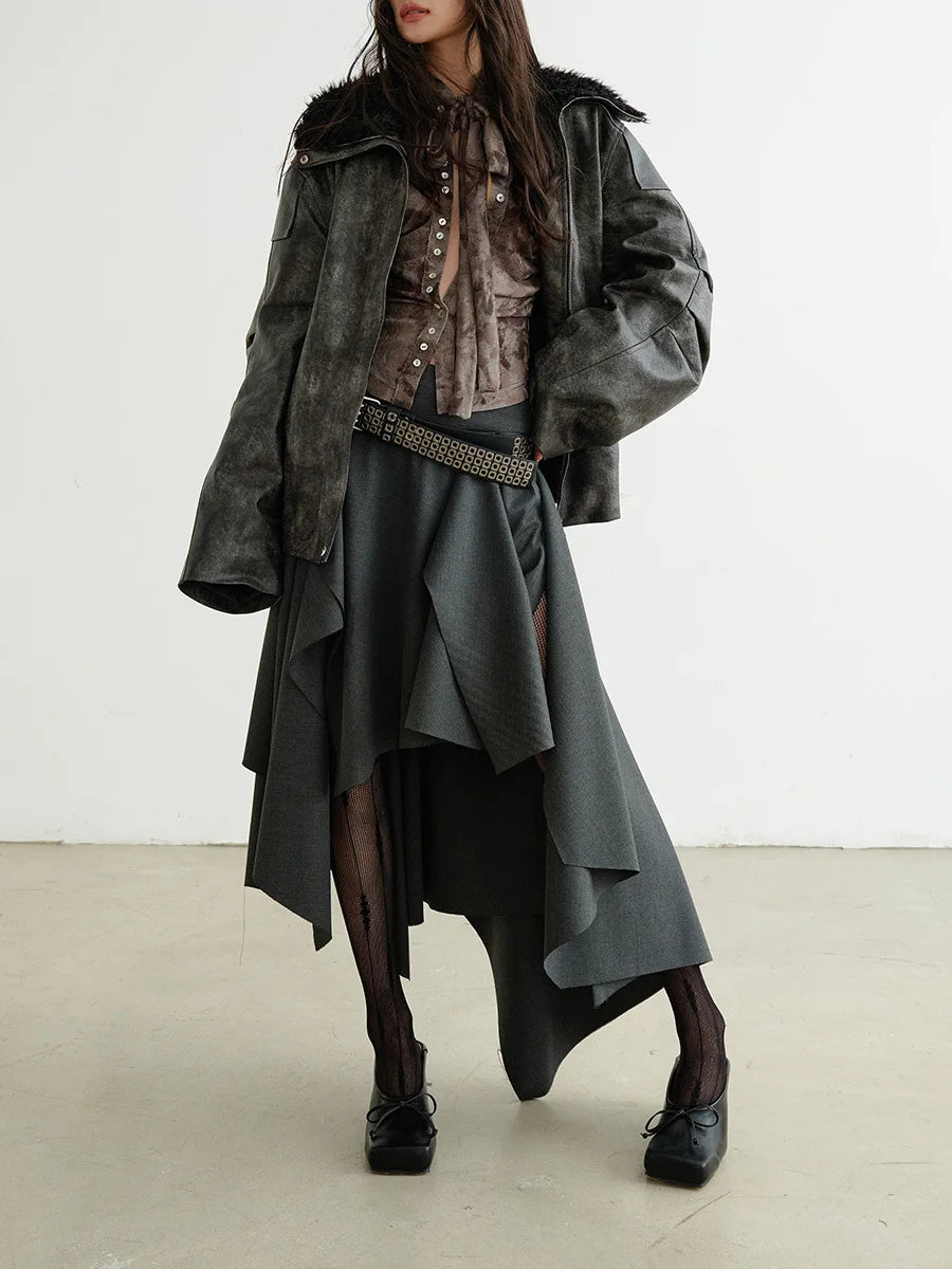 TWOTWINSTYLE Solid Patchwork Belt Loose Skirts For Women High Waiat Irregular Elegant Skirts Female Fashion Style Clothes New