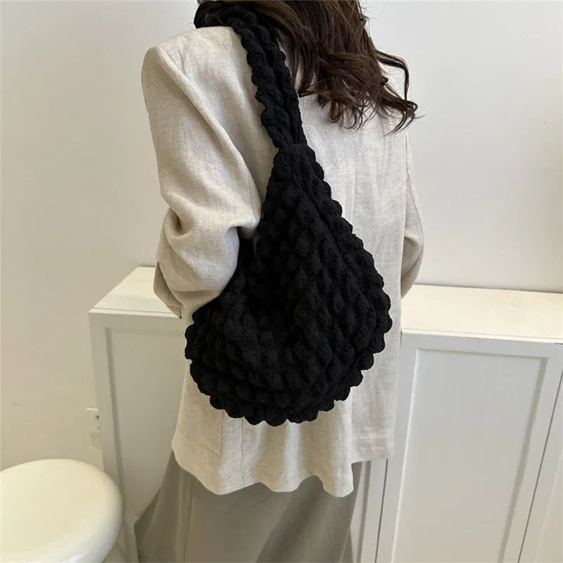 Crossbody Bag With Pleated Design Embroidered Plaid Shoulder Bag Underarm Bags Simple Large Capacity Quilted Tote Bags For Women
