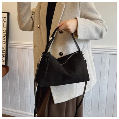 New Fashion Simple Fall Winter Spacious Boston Tote Bag Soft Matte Suede Design Women's Large Capacity Portable Hand Strap Bag