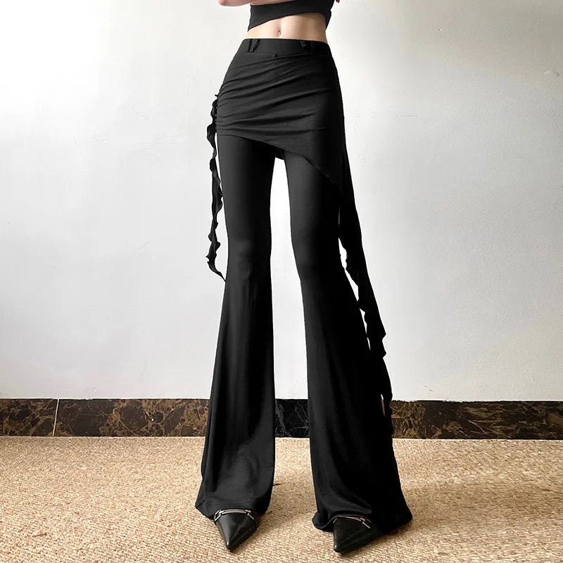 Casual Slim Folds Tie Flower Ruffles Flare Pants Casual Sexy Solid Mid-Waisted Wide Leg Pants Women 2024 Summer Fashion