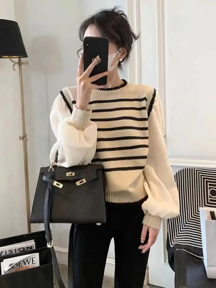 2025 Women Black and White Striped Fake Two-Piece Knitted Sweaters Autumn Winter Korean Soft Glutinous Pullover Sweater Female
