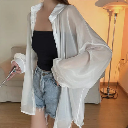 Oversized Shirt for Women Black White Thin Chiffon Collared Long Sleeve Button-Up Shirt Blouse Female Teen-girl Beach Cover Up