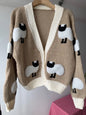 Sheep Pattern Crochet Chunky Knit Cardigan Cute Cartoon Sweater Vintage Long Sleeve V Neck Autumn Women Jumper Outerwear