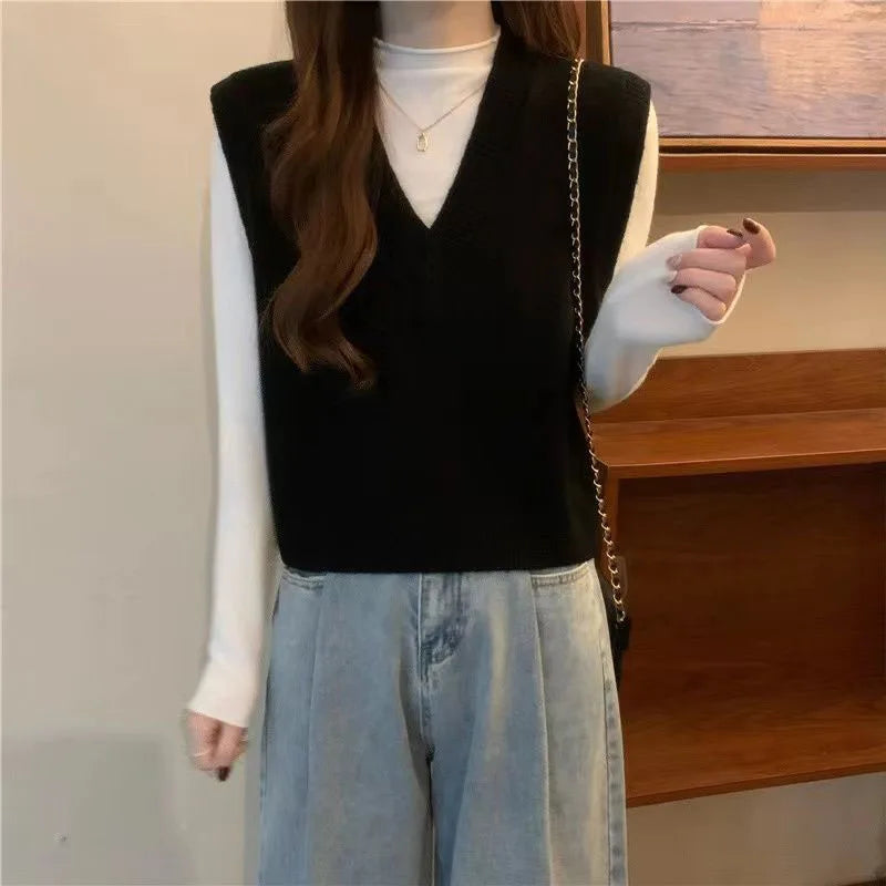 Xpqbb Spring Autumn New V-neck Knitted Vest Women Vintage Sleeveless Sweater Waistcoat Female Korean Chic Cropped Knit Tops
